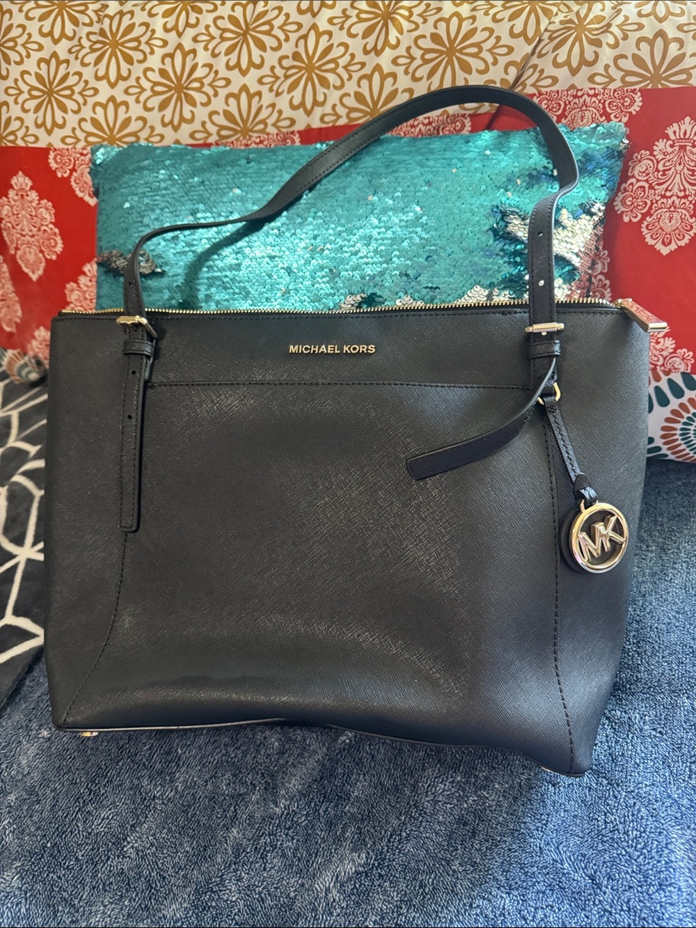 Michael Kors Black Leather Tote with Gold Tone Logo Charm